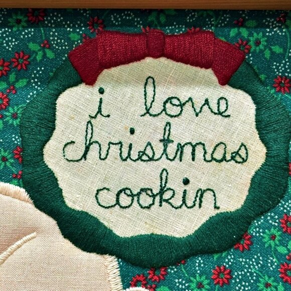 Valories Folk Art Pig Applique Framed 8 x 6" Vintage 80s I Love Christmas Cookin - Picture 2 of 9